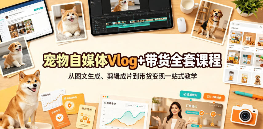宠物自媒体Vlog+带货全套课程|从图文生成、剪辑成片到带货变现一站式教学-轻创终点站