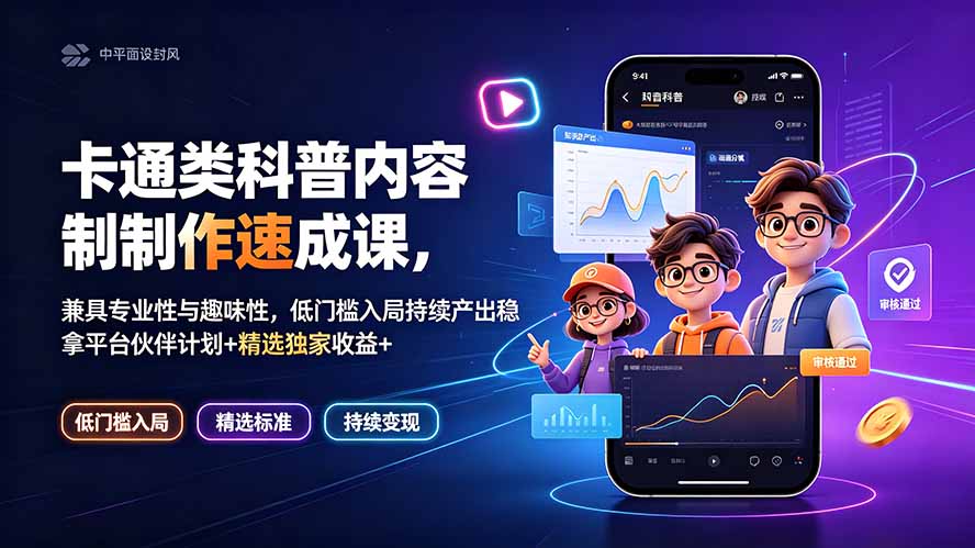 卡通类科普内容制作速成课，兼具专业性与趣味性，低门槛入局持续产出稳拿平台伙伴计划+精选独家收益-轻创终点站