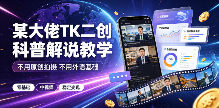 某大佬TK二创科普解说教学,不用原创拍摄不用外语基础,零基础做TikTok中视频稳定变现-轻创终点站