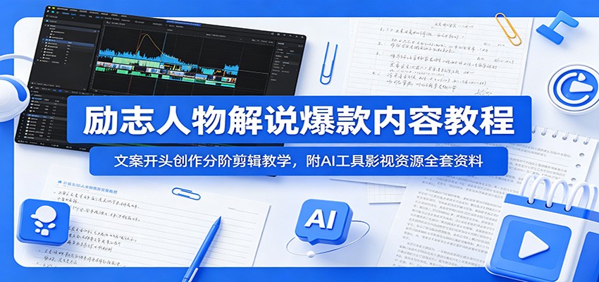 励志人物解说爆款内容教程:文案开头创作分阶剪辑教学,附AI 工具影视资源全套资料-轻创终点站
