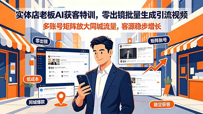 实体店老板AI获客特训，零出镜批量生成引流视频，多账号矩阵放大同城流量，客源稳步增长-轻创终点站