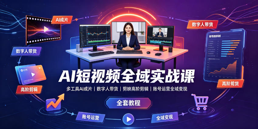 AI短视频全域实战课|多工具AI成片、数字人带货、剪映高阶剪辑、账号运营全域变现全套教程-轻创终点站