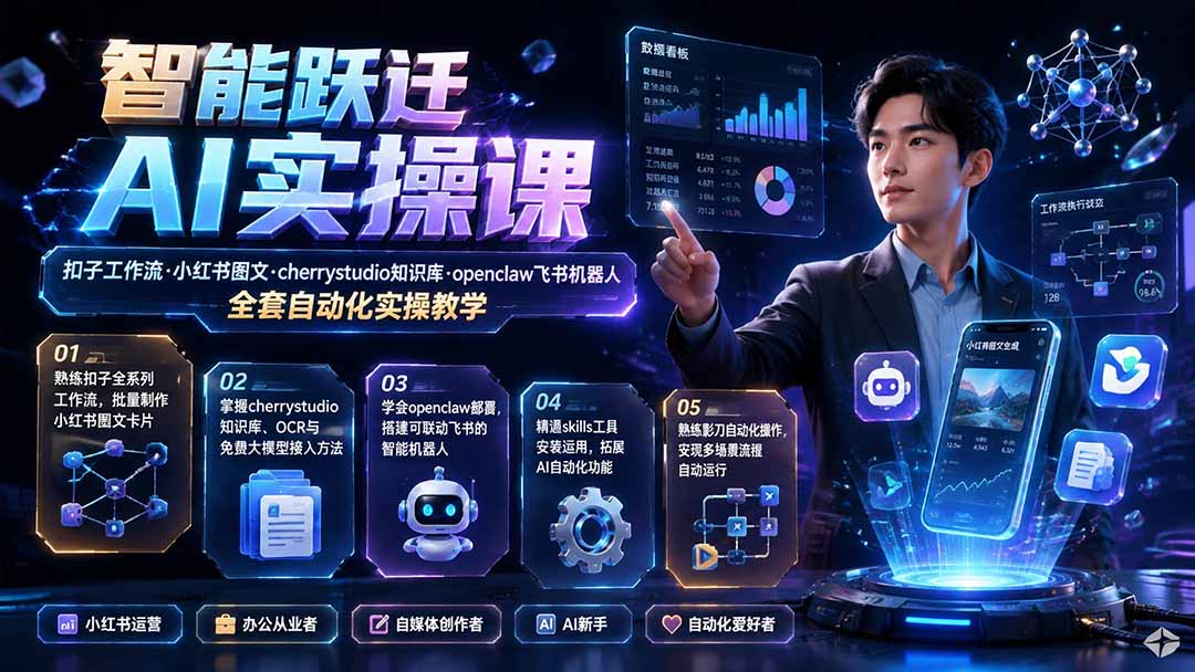 智能跃迁 AI实操课|扣子工作流小红书图文搭建,cherrystudio知识库openclaw飞书机器人全套自动化实操教学-轻创终点站
