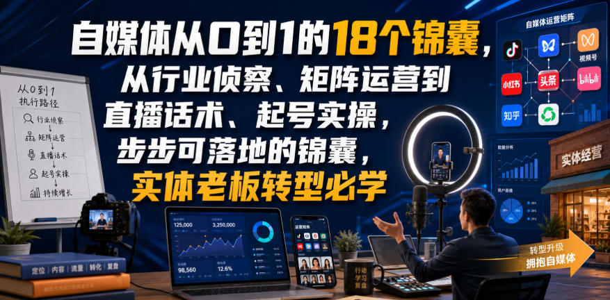 自媒体从0到1的18个锦囊,从行业侦察、矩阵运营到直播话术、起号实操,步步可落地的锦囊,实体老板转型必学-轻创终点站