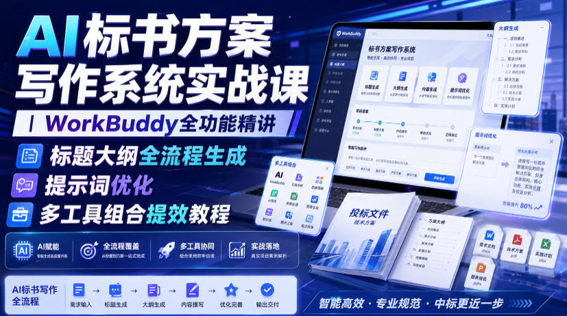 AI标书方案写作系统实战课｜WorkBuddy全功能精讲・标题大纲全流程生成・提示词优化・多工具组合提效教程-轻创终点站