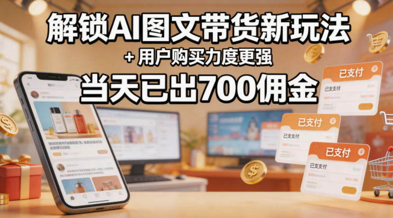 解锁ai图文带货新玩法+用户购买力度更强，当天已出700佣金，详细拆解
