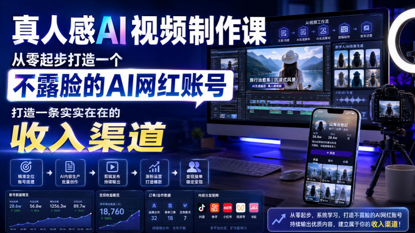 真人感AI视频制作课，从零起步打造一个不露脸的AI网红账号，打造一条实实在在的收入渠道【原创双语字幕】-轻创终点站