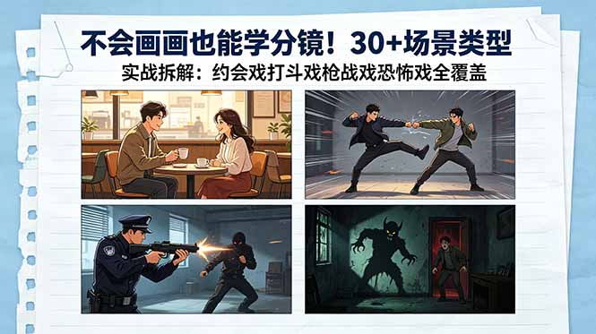 不会画画也能学分镜！30+场景类型实战拆解：约会戏打斗戏枪战戏恐怖戏全覆盖-轻创终点站
