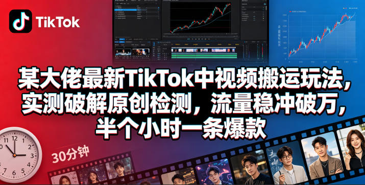 某大佬最新TikTok中视频搬运玩法，实测破解原创检测，流量稳冲破万，半个小时一条爆款-轻创终点站