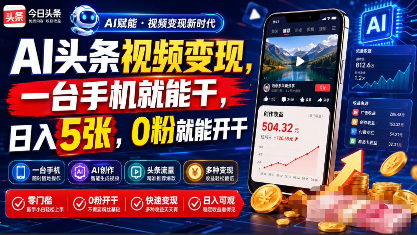 AI头条视频变现,一台手机就能干,日入5张,0粉就能开干-轻创终点站