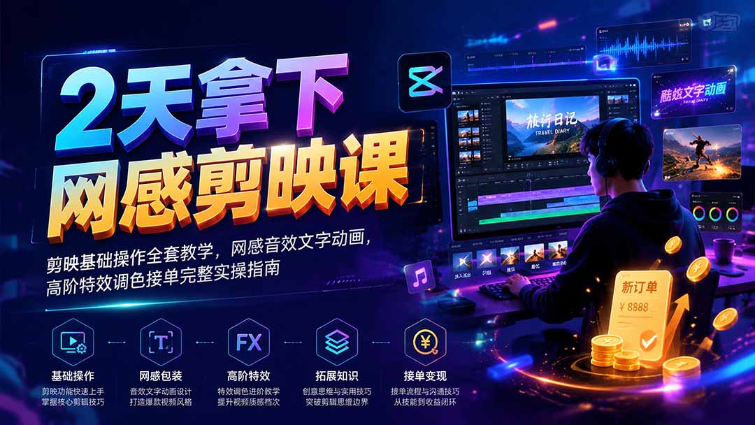 2天拿下网感剪辑课｜剪映基础操作全套教学，网感音效文字动画，高阶特效调色接单完整实操指南-轻创终点站