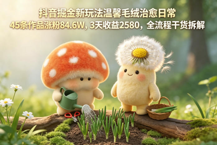 抖音掘金新玩法温馨毛绒治愈日常，45条作品涨粉84.6W，3天收益2580，全流程干货拆解-轻创终点站