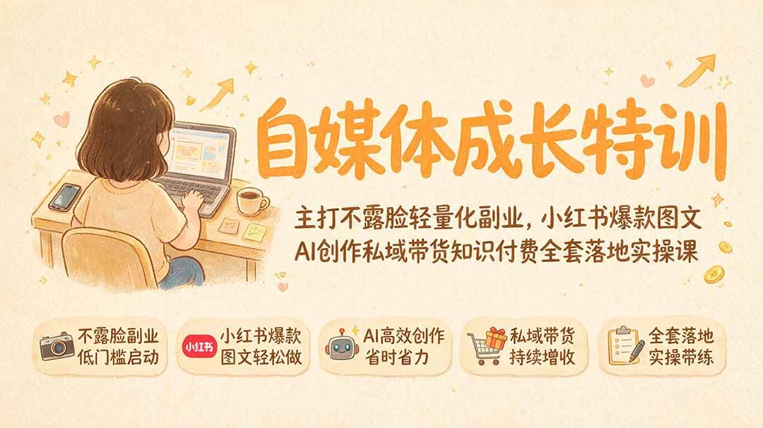 自媒体成长特训|主打不露脸轻量化副业,小红书爆款图文AI创作私域带货知识付费全套落地实操课-轻创终点站