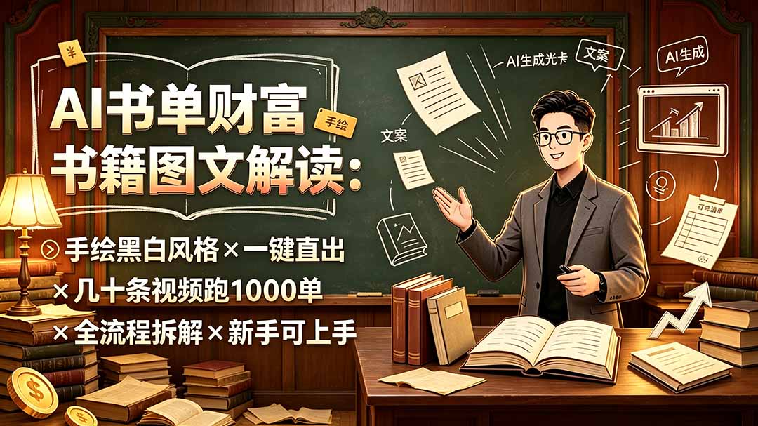 AI书单财富书籍图文解读：手绘黑白风格×一键直出×几十条视频跑1000单×全流程拆解×新手可上手-轻创终点站