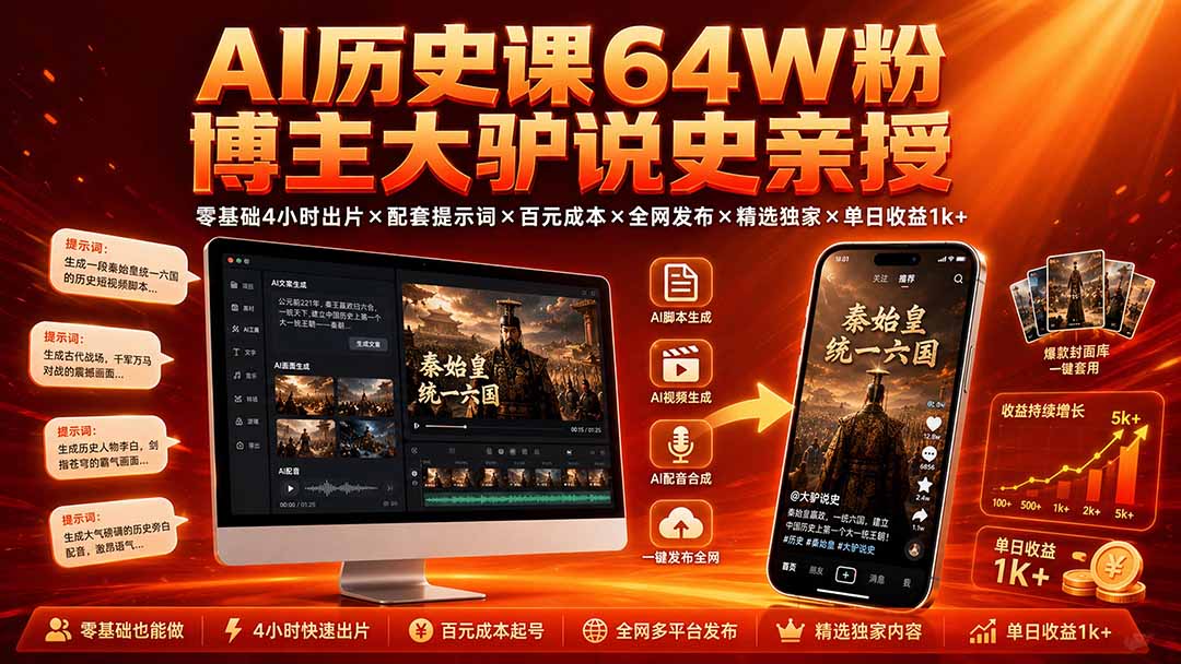 AI历史课64W粉博主大驴说史亲授:零基础4小时出片×配套提示词×百元成本×全网发布×精选独家×单日收益1k+-轻创终点站