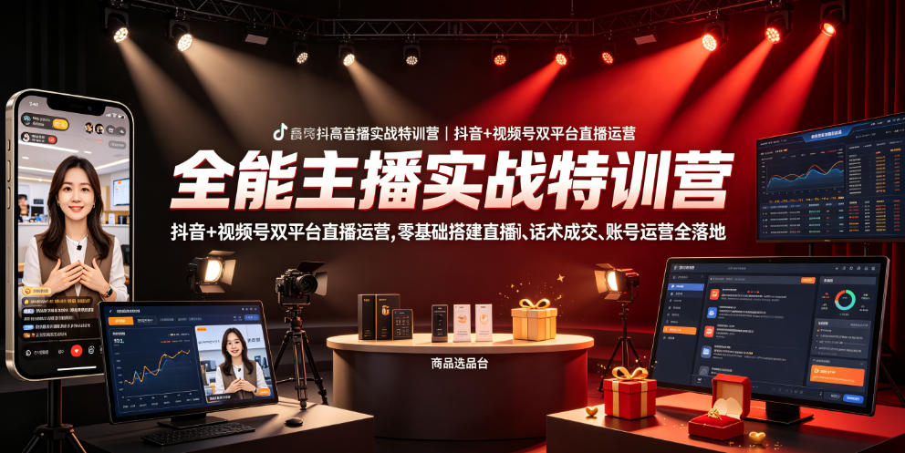 全能主播实战特训营|抖音+视频号双平台直播运营,零基础搭建直播间、精准选品、话术成交、账号运营全落地-轻创终点站