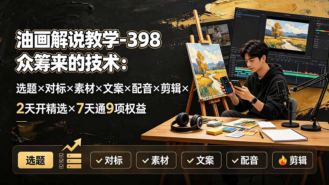 油画解说教学-398众筹来的技术：选题×对标×素材×文案×配音×剪辑×2天开精选×7天通9项权益-轻创终点站