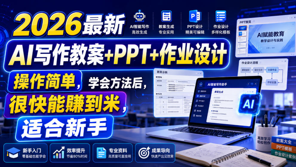 2026最新AI写作教案+PPT+作业设计,操作简单,学会方法后,很快能賺到米,适合新手-轻创终点站
