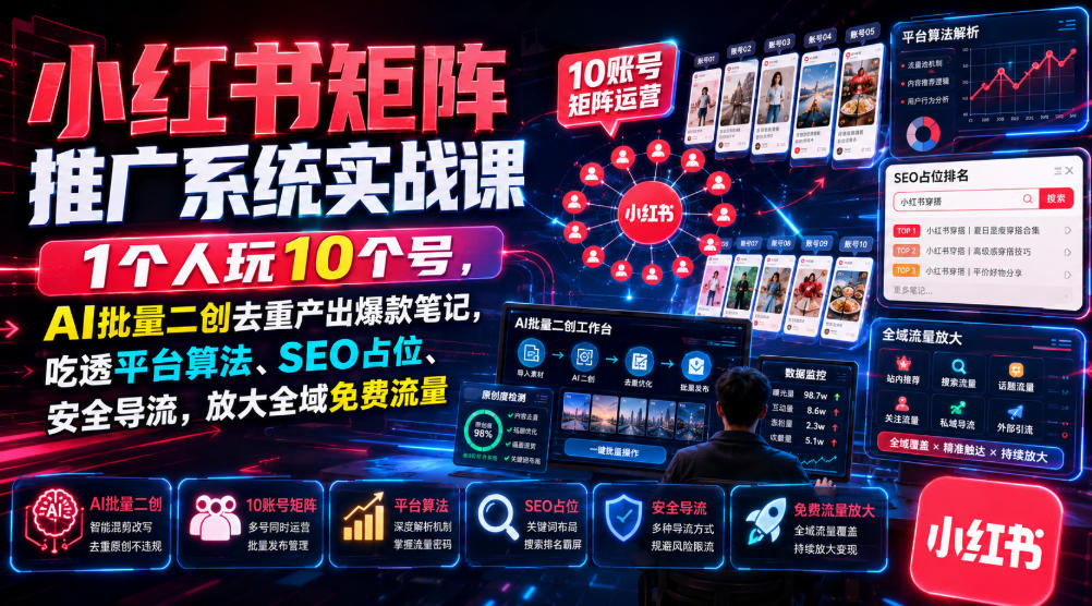 小红书矩阵推广系统实战课|1个人玩10个号,AI批量二创去重产出爆款笔记,吃透平台算法、SEO占位、安全导流,放大全域免费流量-轻创终点站