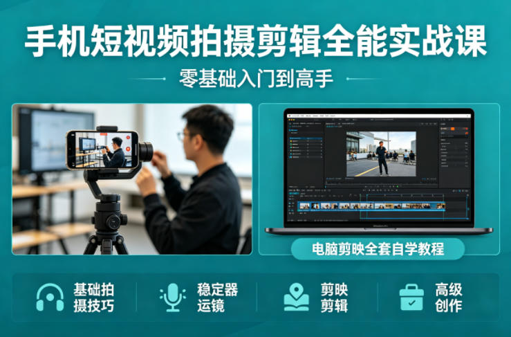 手机短视频拍摄剪辑全能实战课:零基础入门到高手,稳定器运镜+电脑剪映全套自学教程-轻创终点站