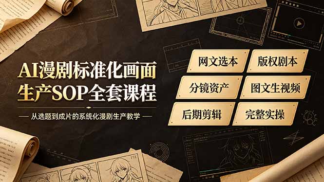 AI漫剧标准化画面生产SOP全套课程，网文选本版权剧本分镜资产全覆盖，图文生视频后期剪辑完整实操教学-轻创终点站