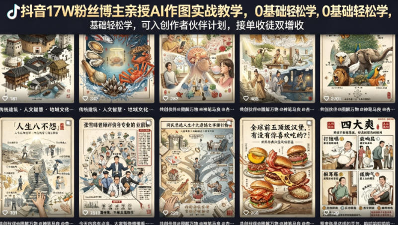 抖音17W粉丝博主亲授AI作图实战教学，0基础轻松学，可入创作者伙伴计划，接单收徒双增收-轻创终点站