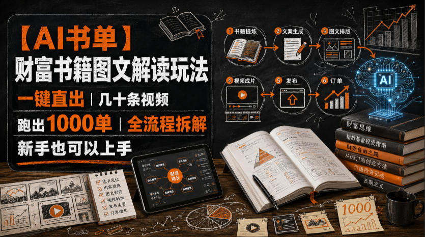 【AI书单】财富书籍图文解读玩法，一键直出，几十条视频，跑出1000单，全流程拆解，新手也可以上手-轻创终点站