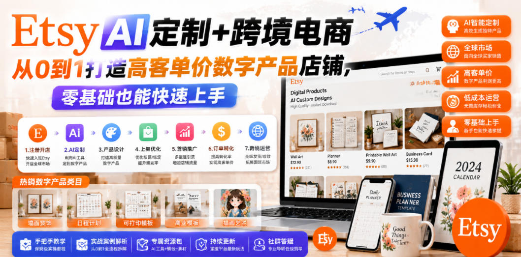 Etsy AI定制+跨境电商，从0到1打造高客单价数字产品店铺，零基础也能快速上手-轻创终点站