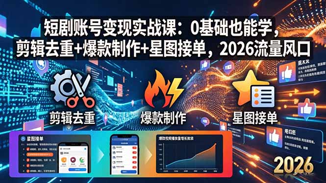 短剧账号变现实战课：0基础也能学，剪辑去重+爆款制作+星图接单，2026流量风口-轻创终点站