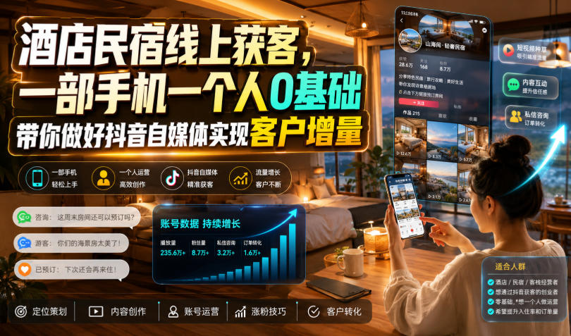 酒店民宿线上获客，一部手机一个人0基础带你做好抖音自媒体实现客户增量-轻创终点站