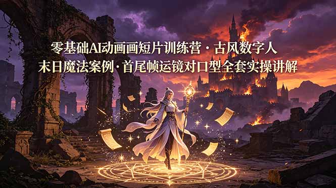 零基础AI动画短片训练营,古风数字人末日魔法案例,首尾帧运镜对口型全套实操讲解-轻创终点站