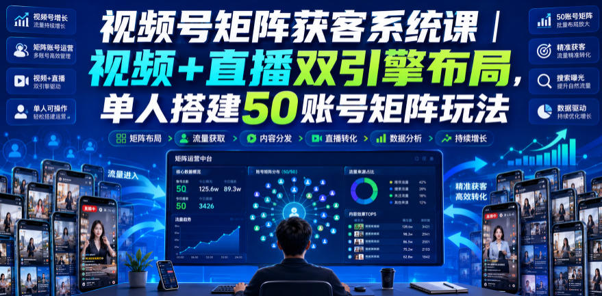 视频号矩阵获客系统课｜视频+直播双引擎布局，单人搭建50账号矩阵玩法，流量入池、搜索占位、全域引流沉淀私域全流程教学-轻创终点站