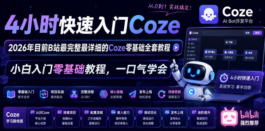 4小时快速入门Coze!2026年目前B站最完整最详细的Coze零基础全套教程,小白入门零基础教程,一口气学会!-轻创终点站